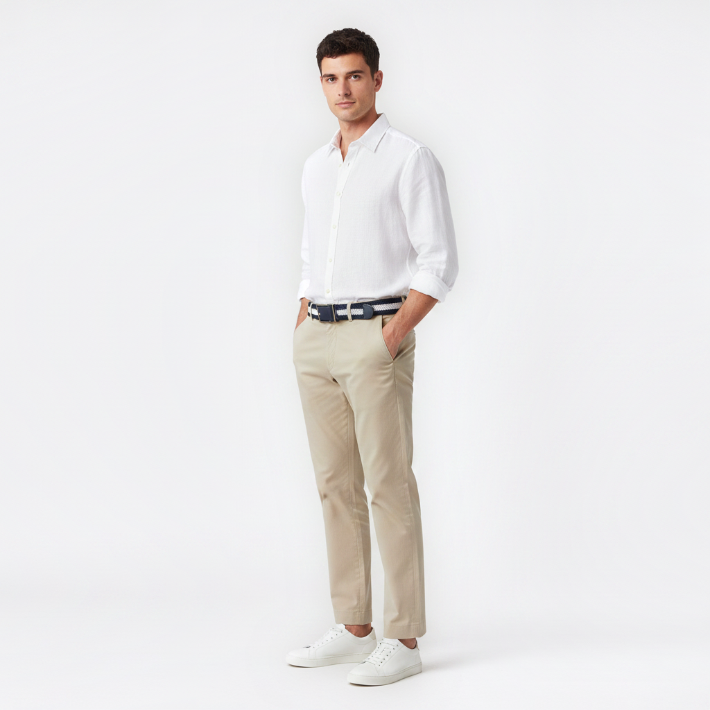 Mannequin homme portant la Ceinture Tricolore — style smart casual — Le Monde de la Ceinture