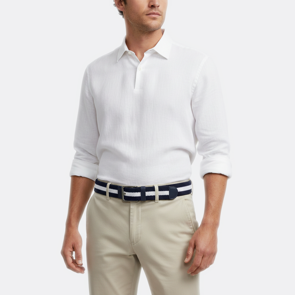 Détail boucle de la Ceinture Tricolore portée par un homme — style smart casual — Le Monde de la Ceinture