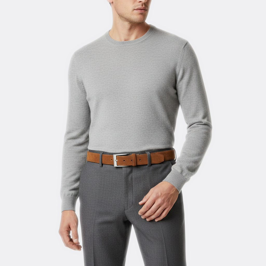 Détail boucle de la Ceinture Velour Homme portée par un homme — style smart casual — Le Monde de la Ceinture