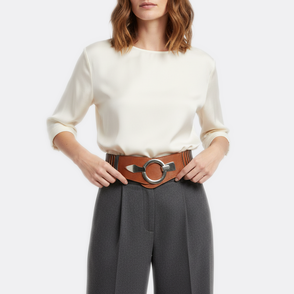 Détail boucle de la Grosse Ceinture Cuir Femme portée par une femme — look casual chic — Le Monde de la Ceinture