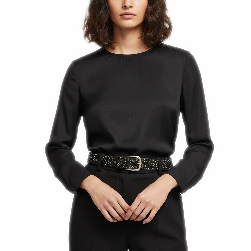 Détail boucle de la Jolie Ceinture Femme portée par une femme — style smart casual — Le Monde de la Ceinture