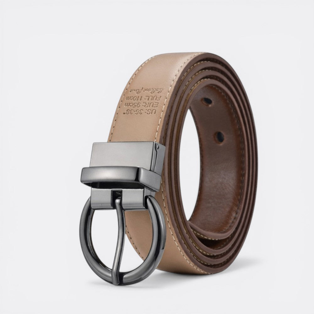 Le monde de la ceinture reversible leather belt with a gunmetal buckle, tan and brown sides.