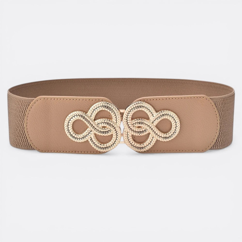 Le monde de la ceinture beige elastic belt with gold infinity buckle accentuating the waist.