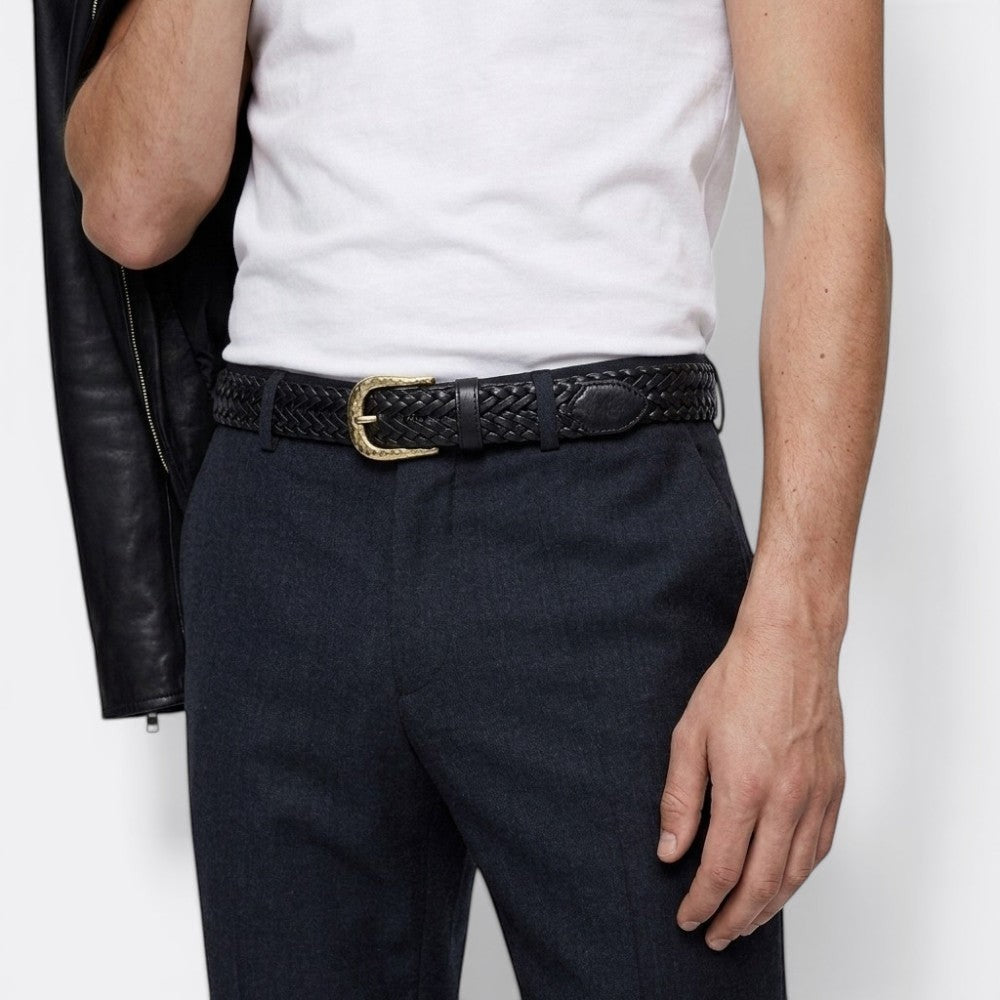 Le monde de la ceinture black braided leather belt with ornate gold buckle