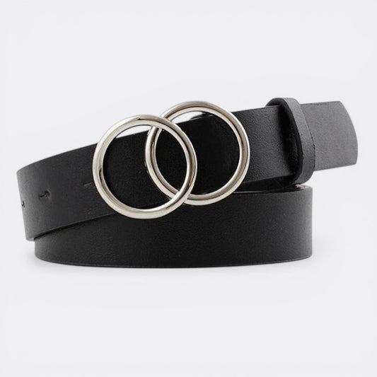 Le monde de la ceinture black faux leather belt with double silver interlocking rings for women.