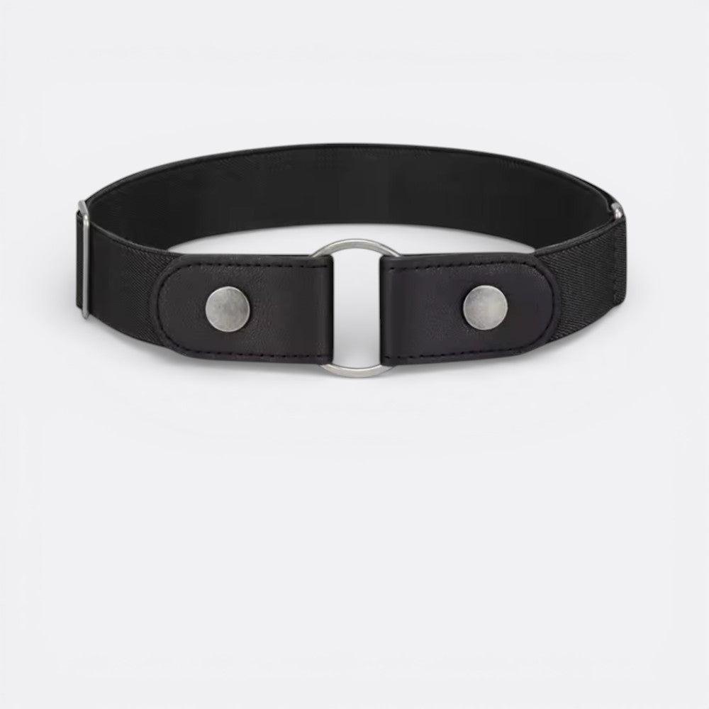 Le monde de la ceinture black elastic belt with silver buckle and snap closures for comfortable everyday wear.