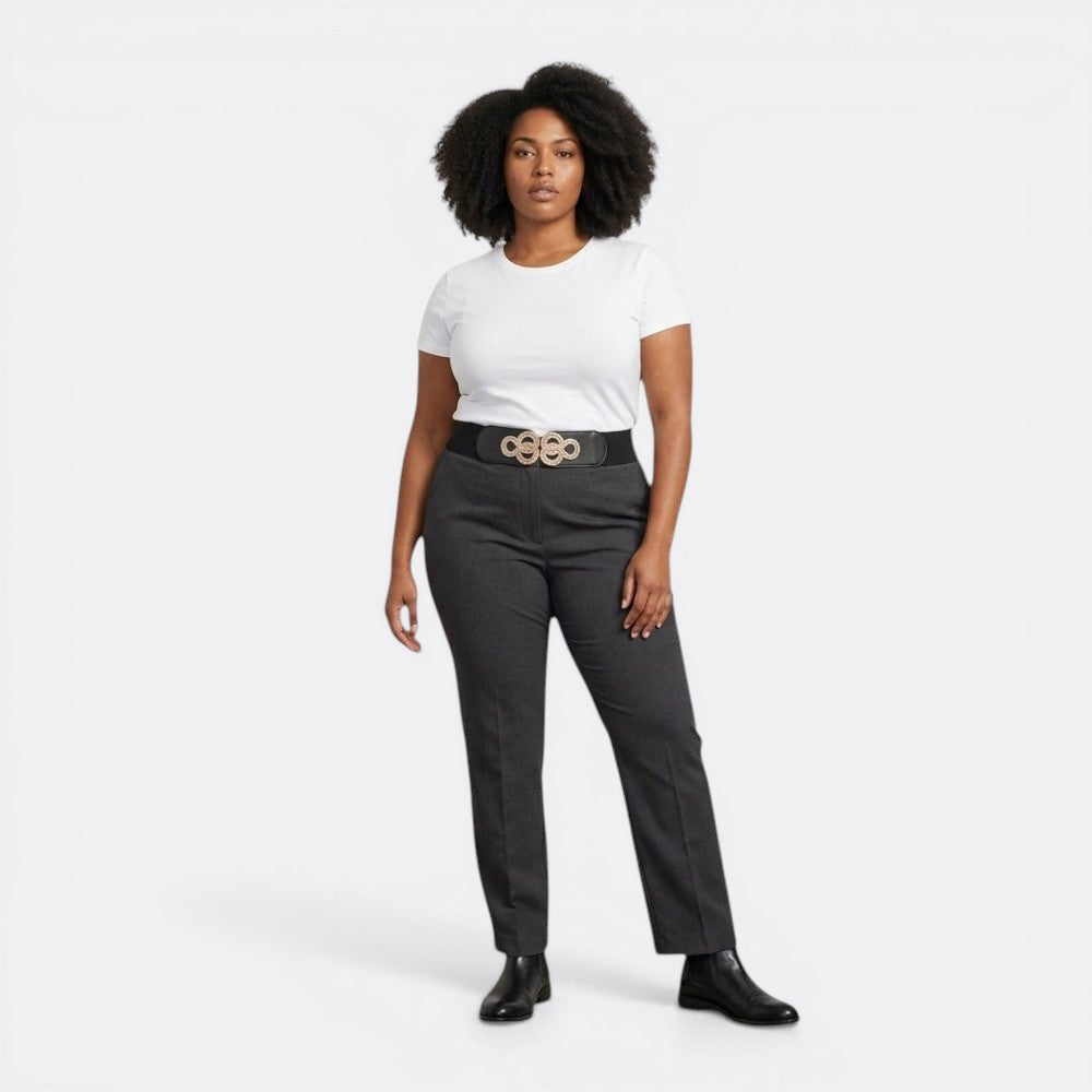 Le monde de la ceinture black elastic high waist belt with gold interlocking circle buckle accent