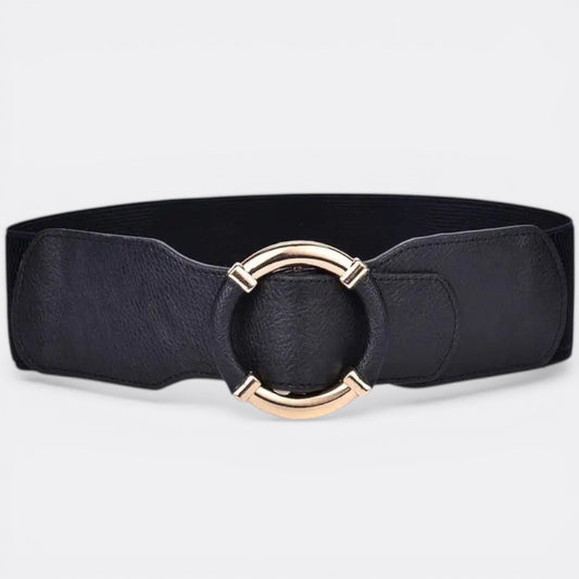 Le monde de la ceinture black elastic belt with large gold circle buckle, faux leather detail
