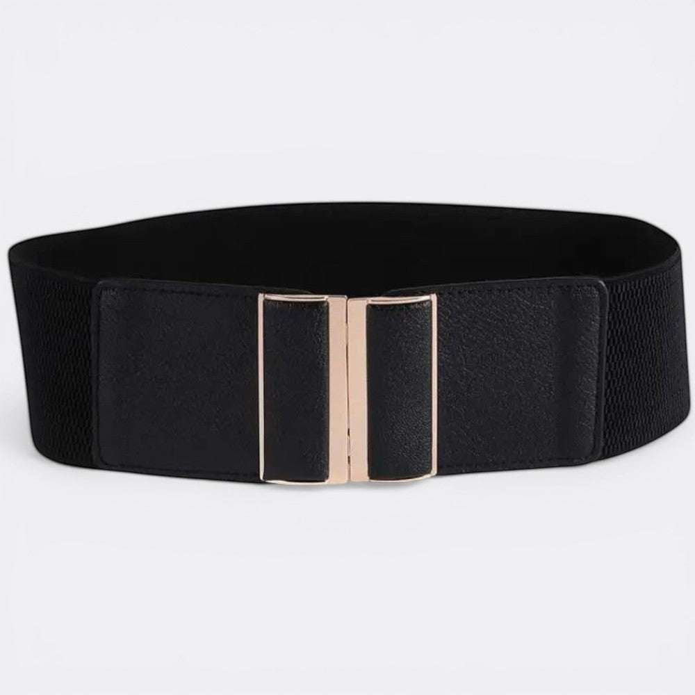 Le monde de la ceinture black elastic wide belt with gold buckle for women, cinches waist for dresses and coats.