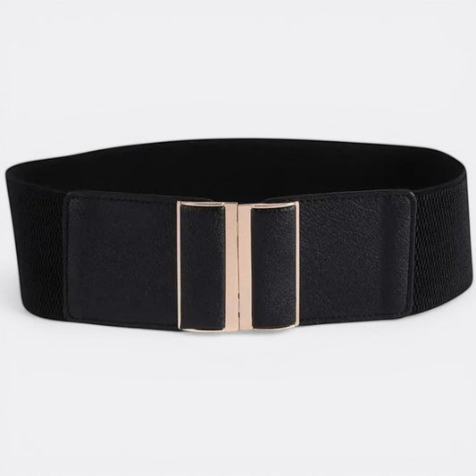 Le monde de la ceinture black elastic wide belt with gold buckle for women, cinches waist for dresses and coats.