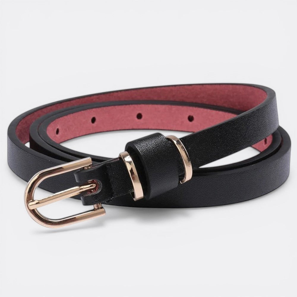 Le monde de la ceinture black faux leather skinny belt with gold ardillon buckle and double loop detail.