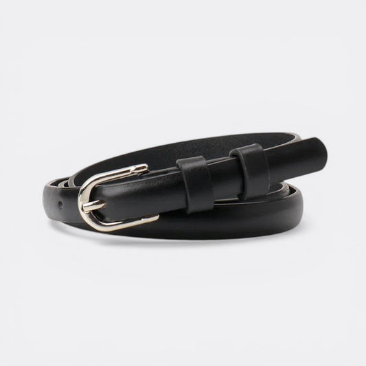 Le monde de la ceinture black leather skinny belt with silver buckle for women.