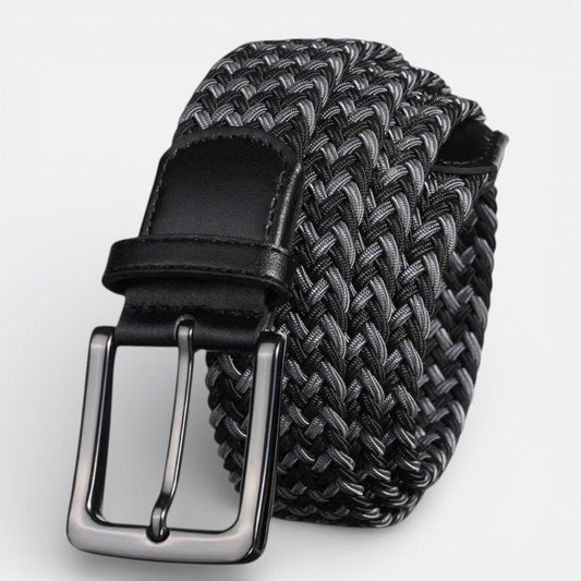 Le monde de la ceinture woven belt with silver buckle, black and grey braided fabric, leather details.