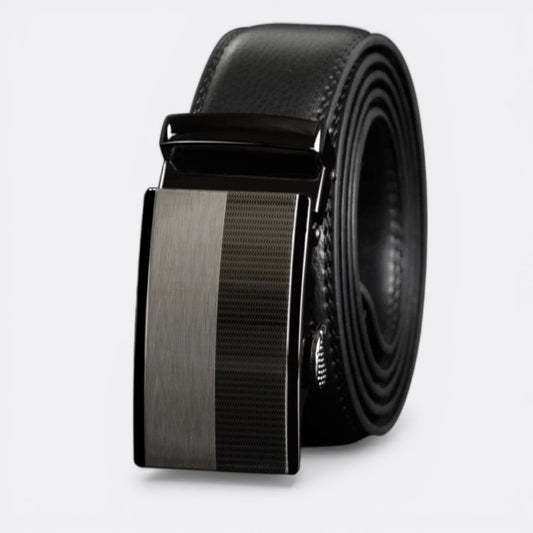 Le monde de la ceinture black leather automatic buckle belt with bicolour brushed metal detail.