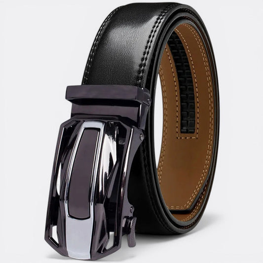 Le monde de la ceinture black leather automatic belt for men with a sleek, modern buckle. Adjustable fit.