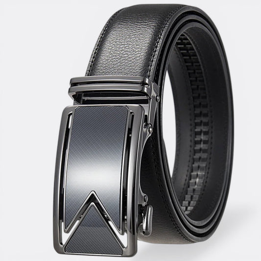 Le monde de la ceinture black leather automatic belt for men with a sleek gunmetal buckle and textured inlay.