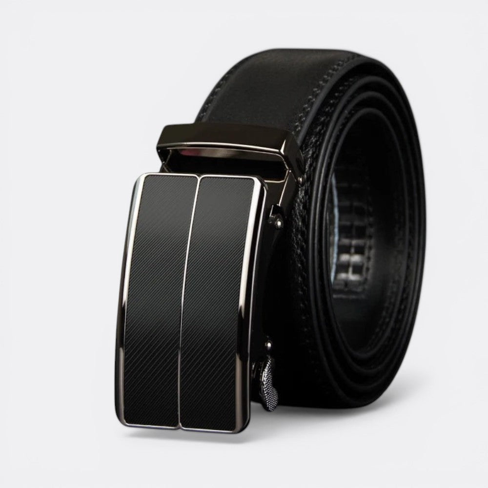 Le monde de la ceinture men's black leather automatic buckle belt with textured detail.