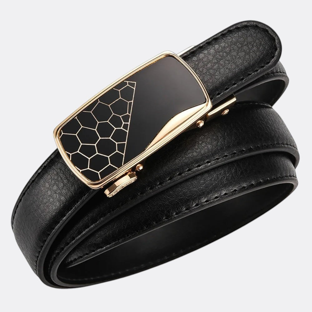 Le monde de la ceinture black leather automatic buckle belt with gold trim and honeycomb pattern