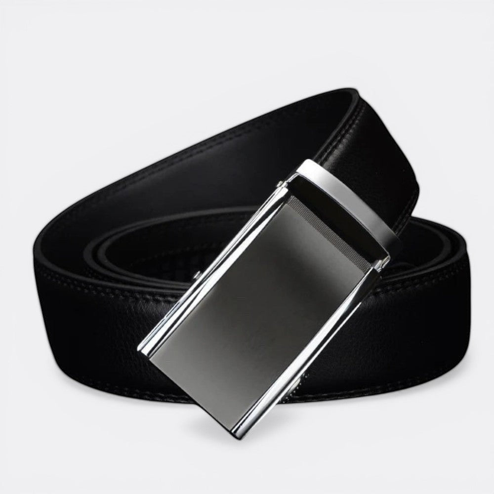 Le monde de la ceinture black leather automatic buckle men's belt with a sleek silver buckle.