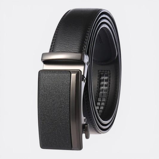 Le monde de la ceinture men's black leather automatic belt with a gunmetal buckle and adjustable fit.