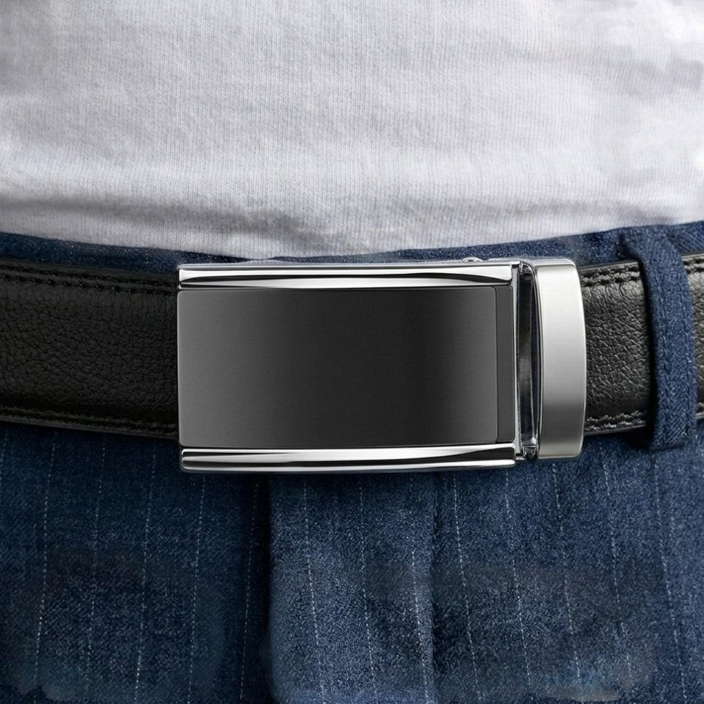Le monde de la ceinture men's black leather automatic buckle belt with silver trim.