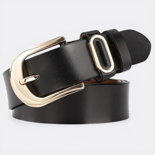 Le monde de la ceinture black leather belt with gold buckle and oval detail. Classic, elegant accessory.