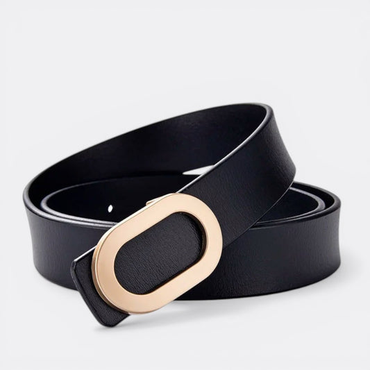 Le monde de la ceinture black leather belt with gold oval buckle for women.