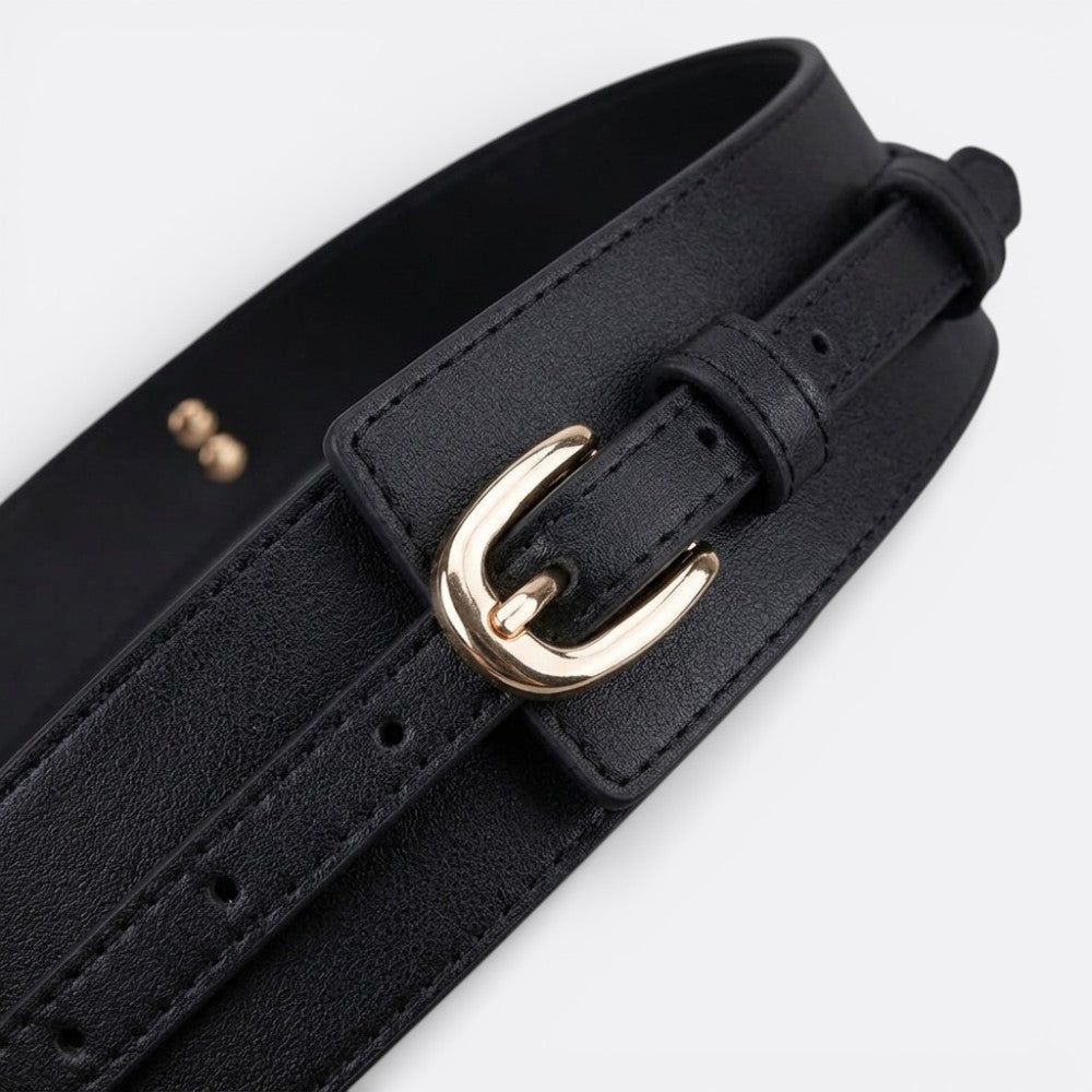 Le monde de la ceinture black leather high waist belt with gold buckle, adjustable strap for women.