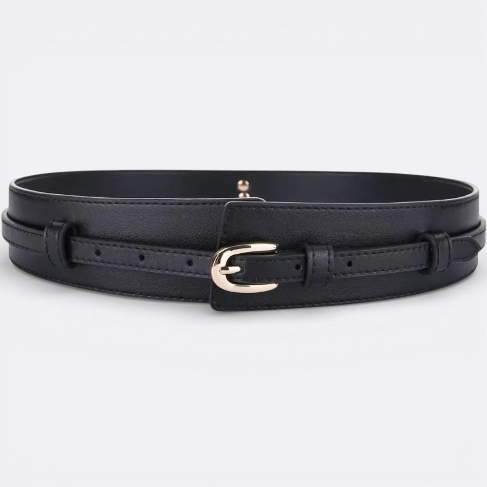 Le monde de la ceinture black leather high waist belt with gold buckle for women, accentuating the waist.