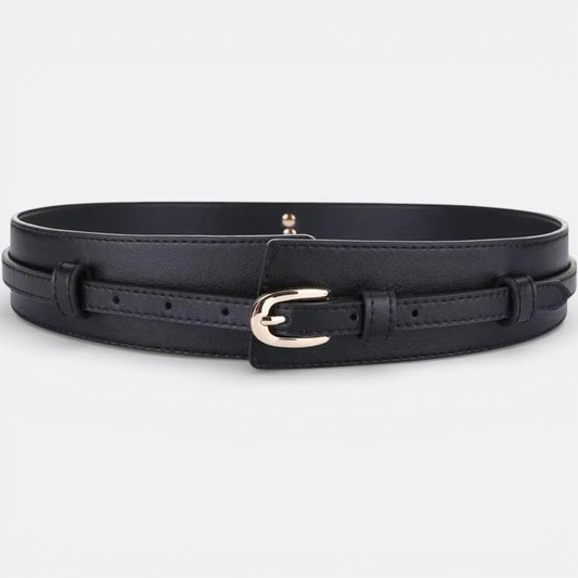 Le monde de la ceinture black leather high waist belt with gold buckle for women, accentuating the waist.