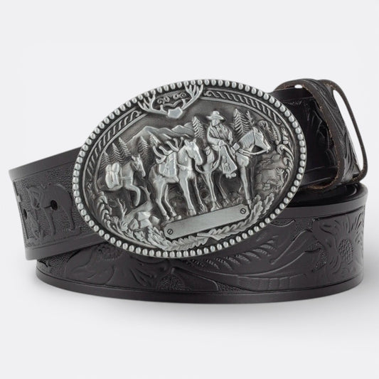Le monde de la ceinture men's black leather belt with ornate vintage buckle featuring cowboys on horses and mountains.