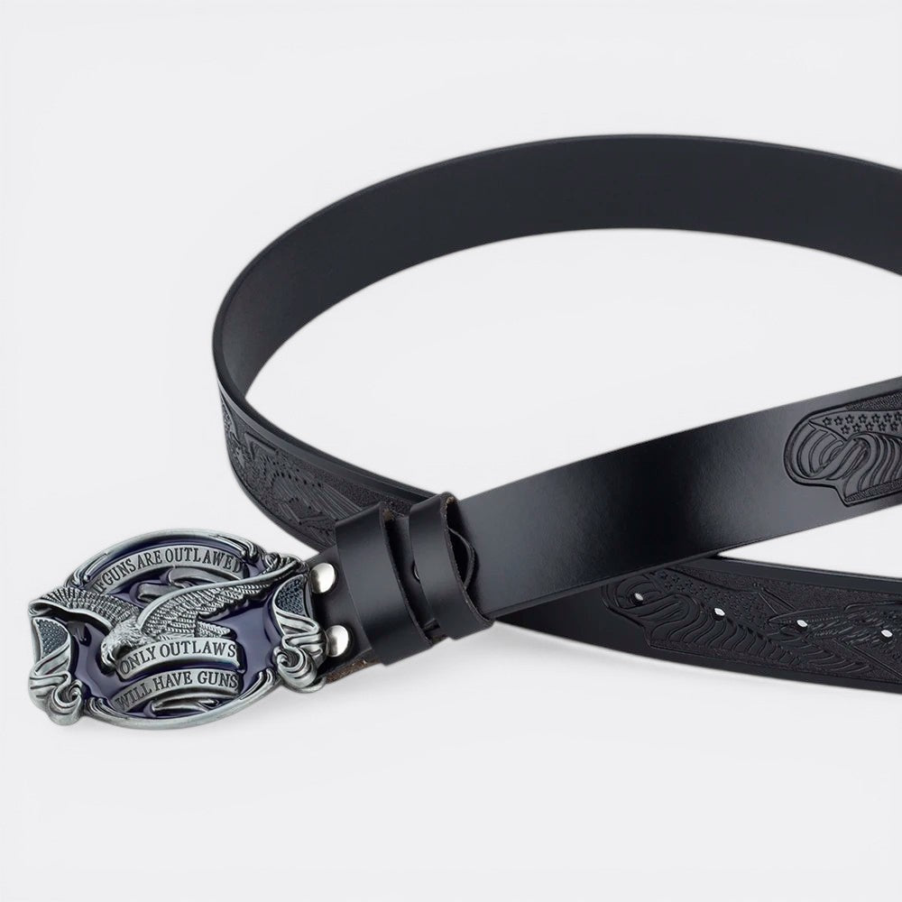 Le monde de la ceinture black leather western belt with eagle buckle and text "Guns are outlawed, only outlaws will have guns".
