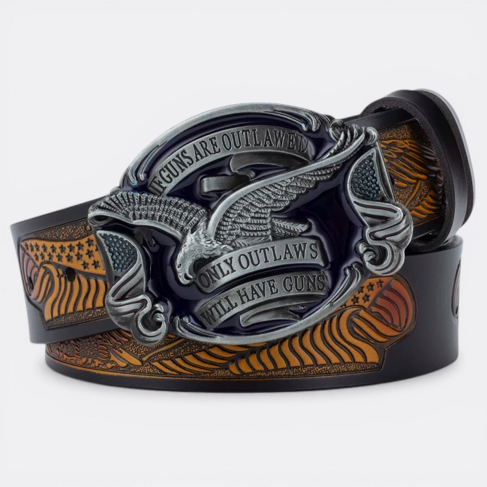 Le monde de la ceinture: Black leather western belt with ornate eagle buckle and American flag motif. Features text 'If guns are outlawed, only outlaws will have guns'.