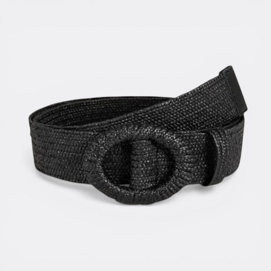 Le monde de la ceinture black woven raffia belt with oval buckle, perfect for summer dresses and jeans.