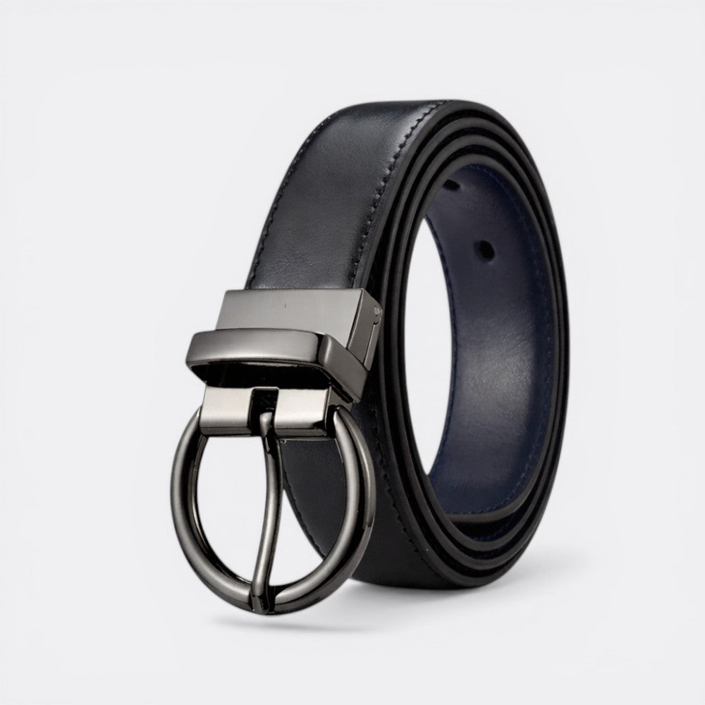 Le monde de la ceinture black leather reversible belt with gunmetal buckle and navy blue interior.