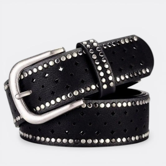 Le monde de la ceinture black leather belt with silver buckle and stud detailing. Features cut-out patterns and a distressed finish.