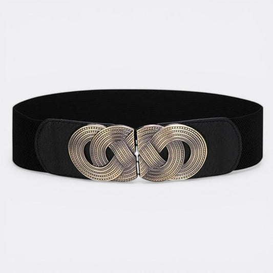 Le monde de la ceinture black elastic vintage belt with ornate gold interlocking buckle. Adds structure and elegance.
