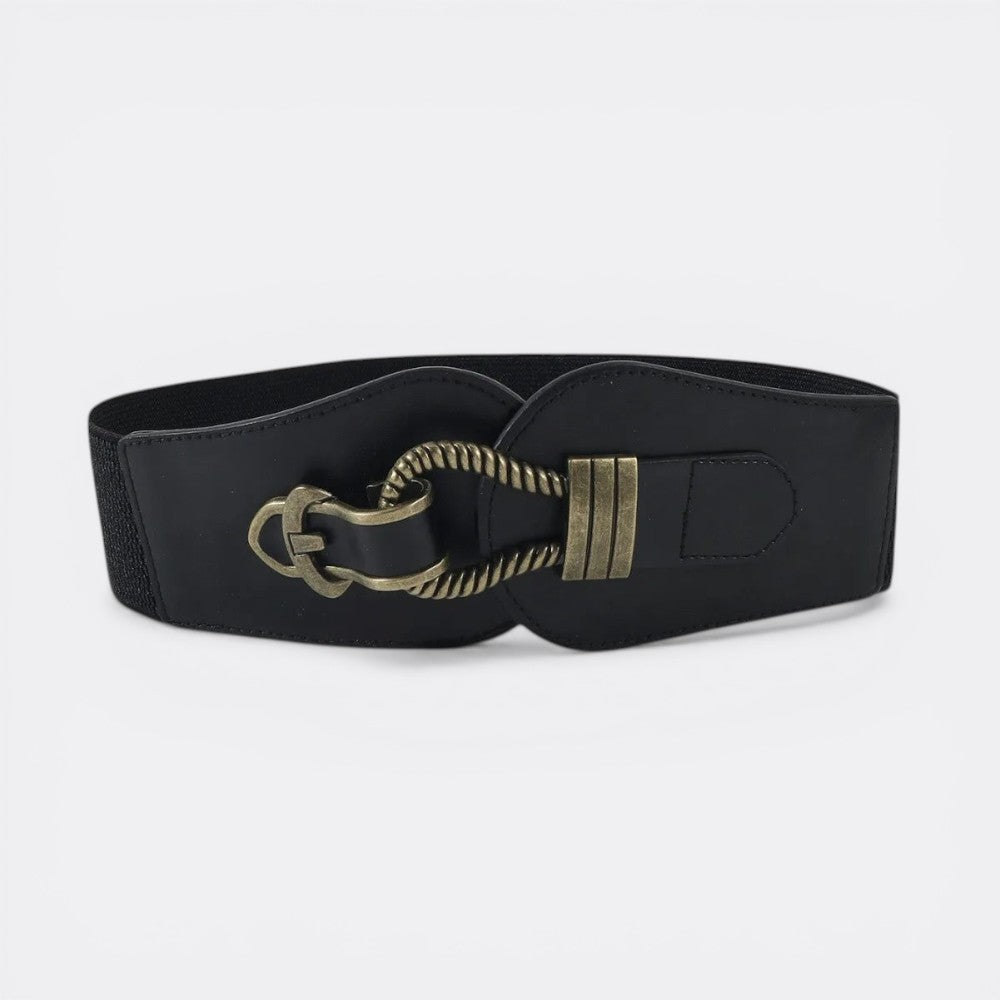 Le monde de la ceinture black wide elastic belt with vintage gold buckle and rope detail