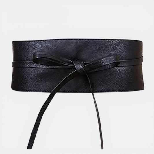 Le monde de la ceinture black faux leather wide obi belt with bow tie closure