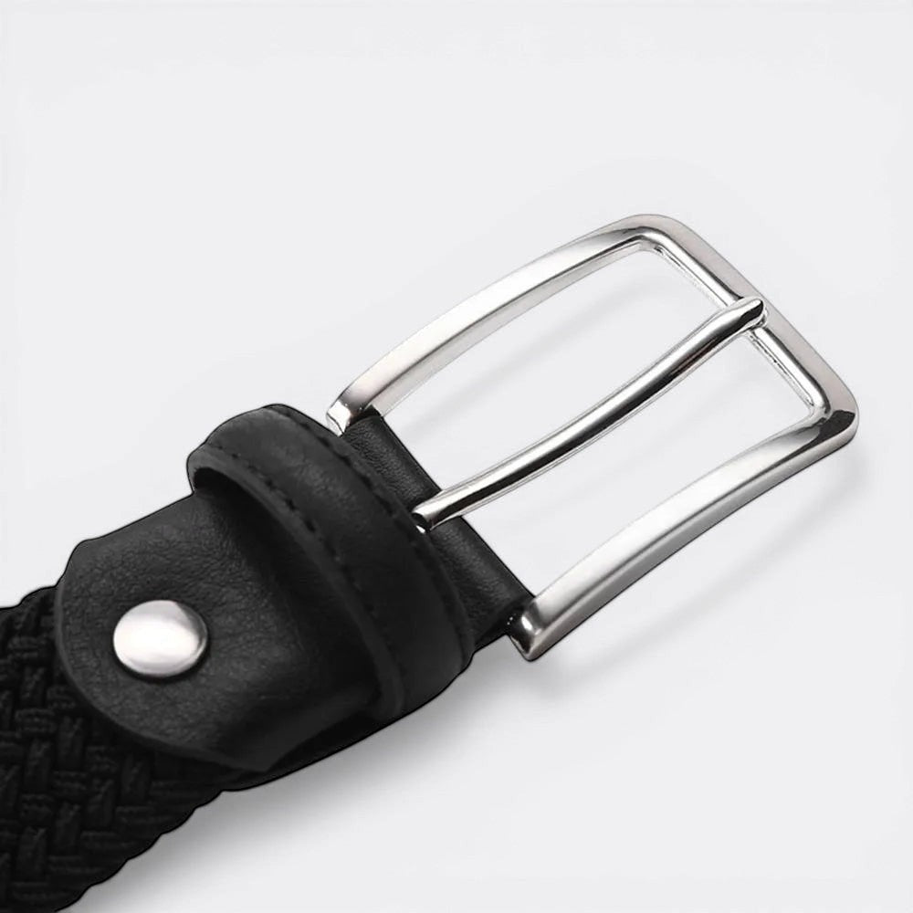 Le monde de la ceinture black woven elastic belt with silver buckle and leather trim