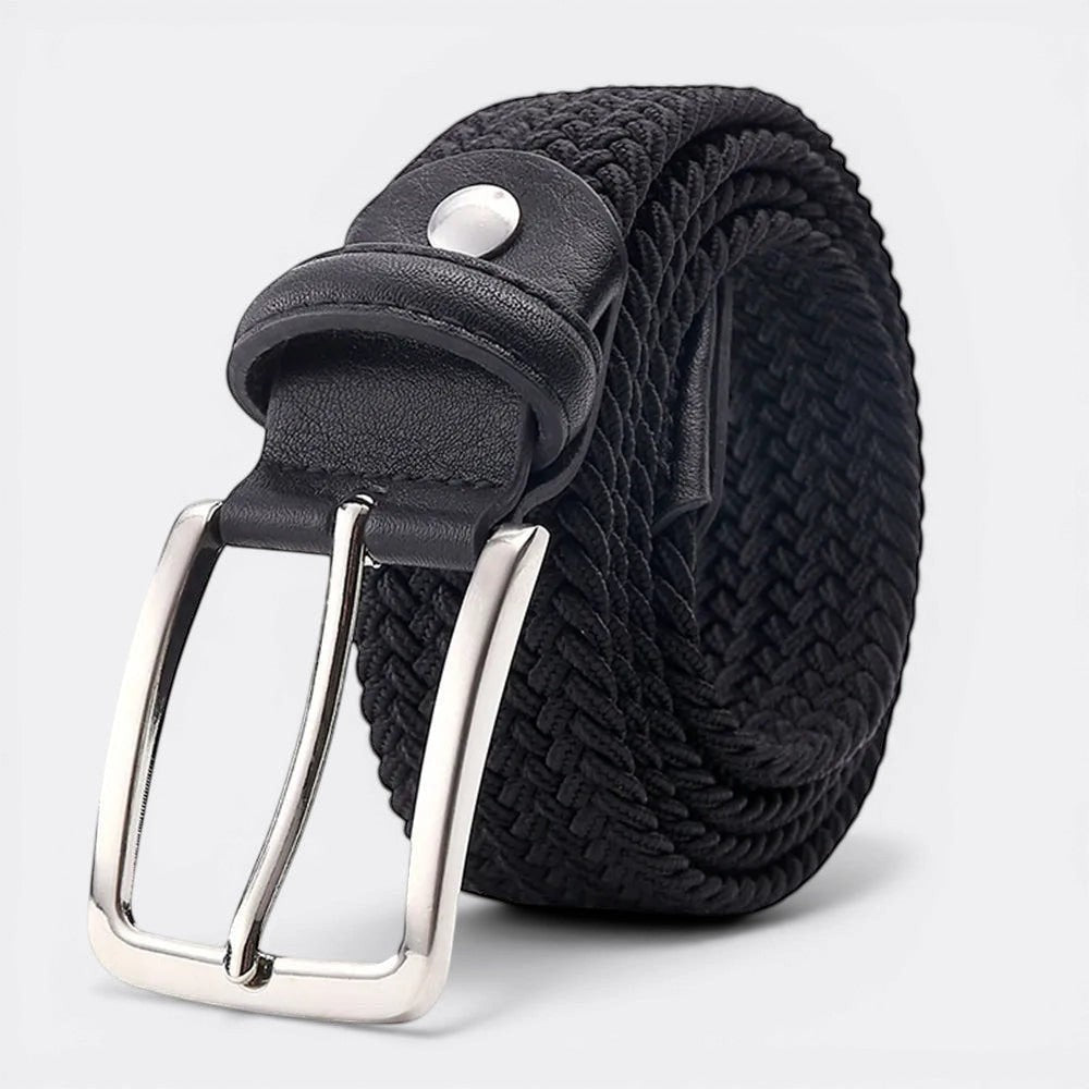 Le monde de la ceinture black woven elastic belt with silver buckle, perfect for everyday wear.