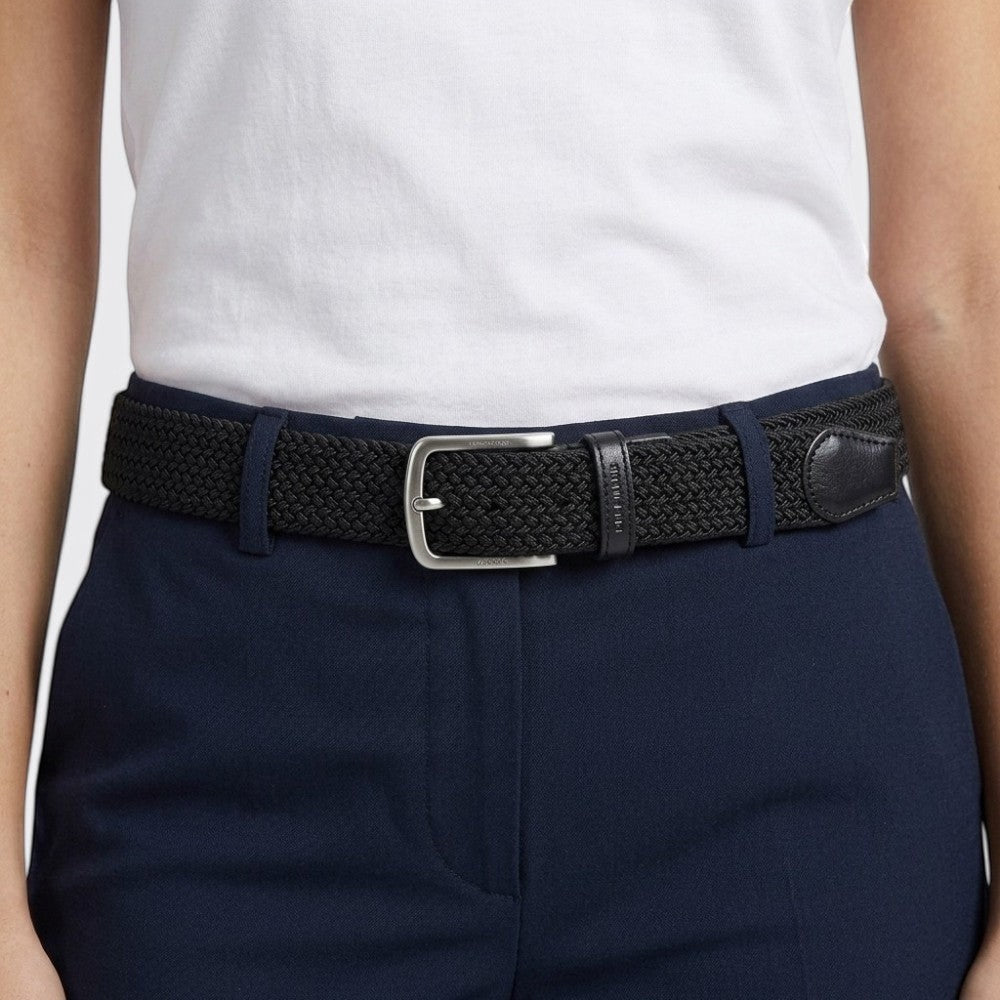 Le monde de la ceinture black woven elastic belt with silver buckle and leather details, perfect for everyday wear.