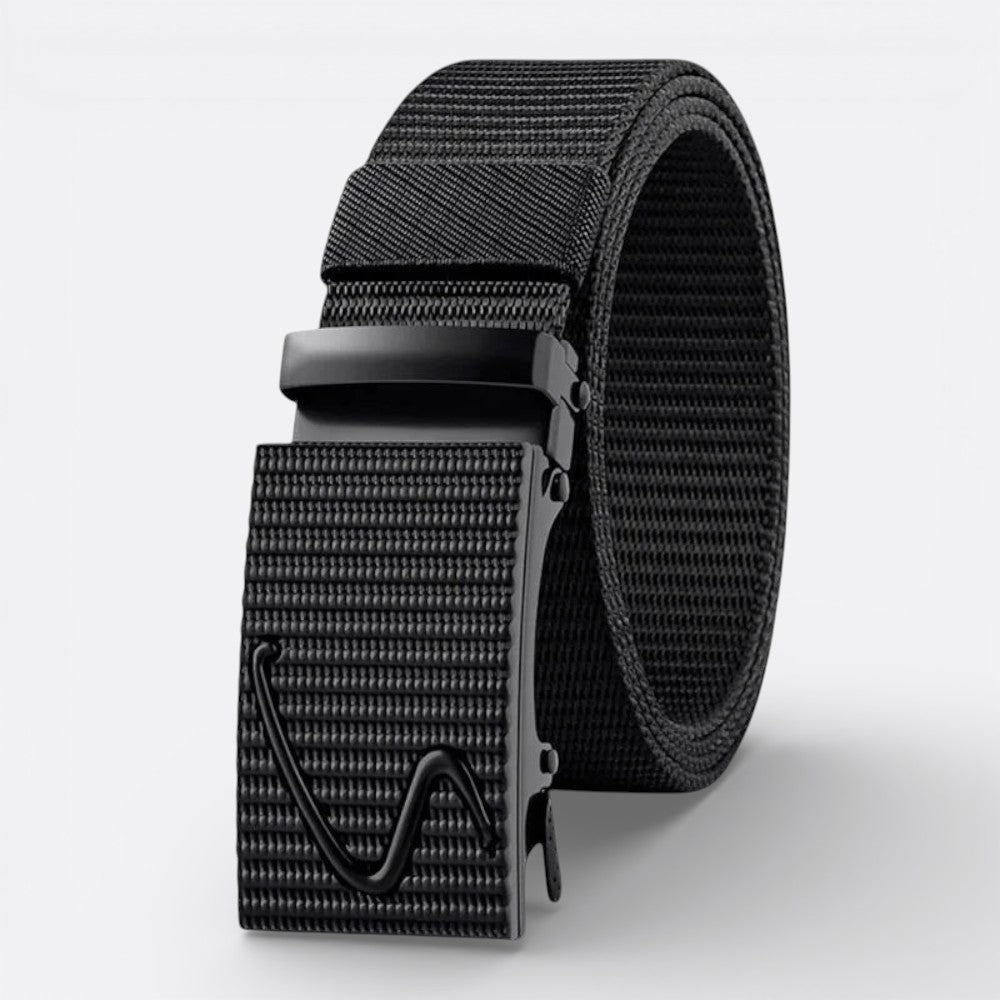 Le monde de la ceinture black woven nylon belt with adjustable buckle and unique wavy design detail.