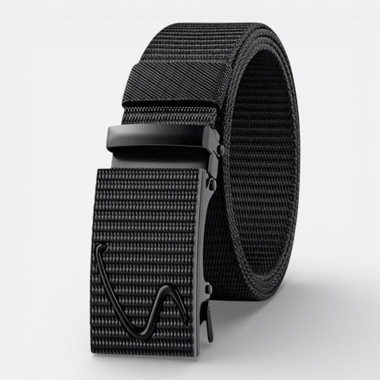 Le monde de la ceinture black woven nylon belt with adjustable buckle and unique wavy design detail.