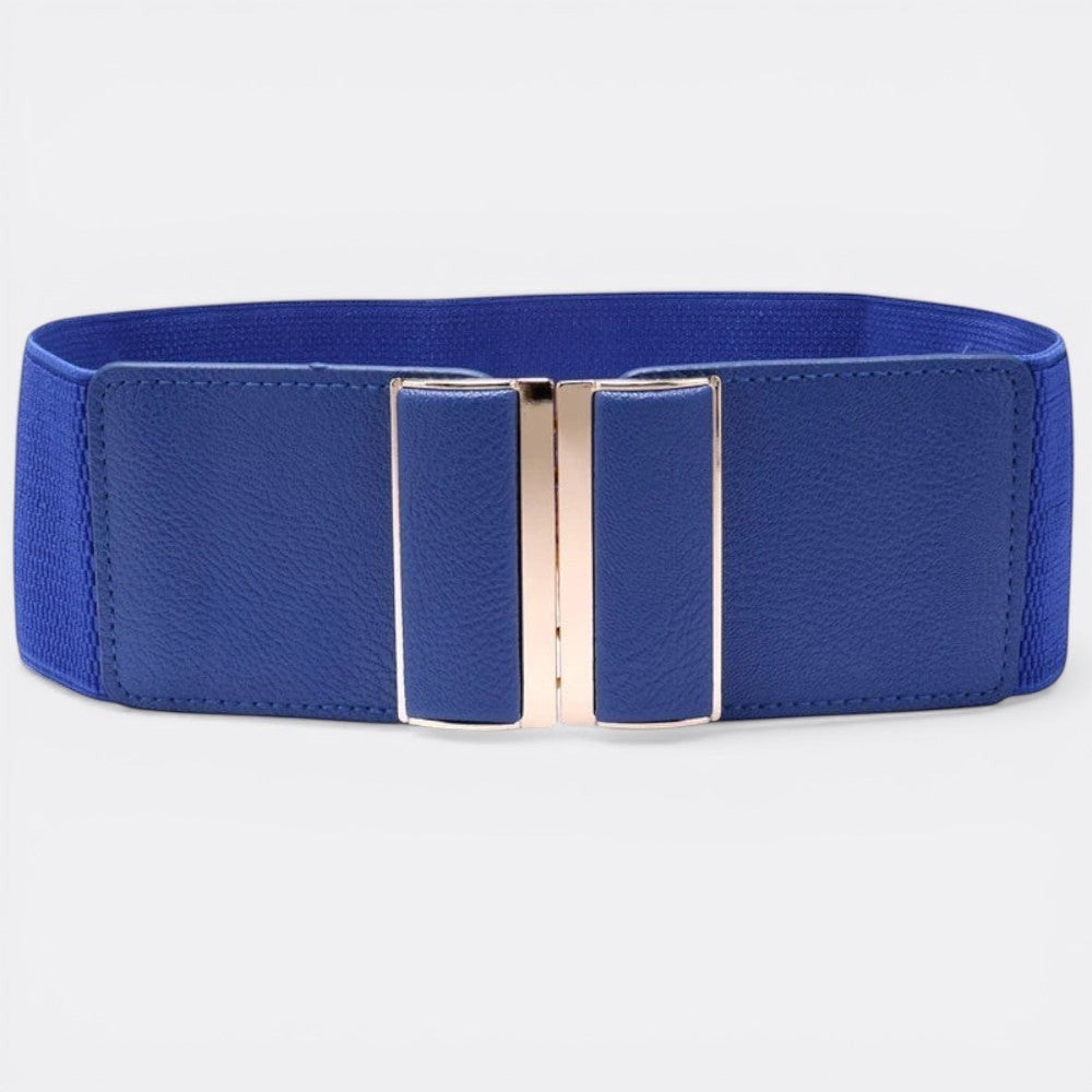 Le monde de la ceinture blue elastic wide belt with gold buckle accent. Stretchy fabric for comfortable all-day wear.