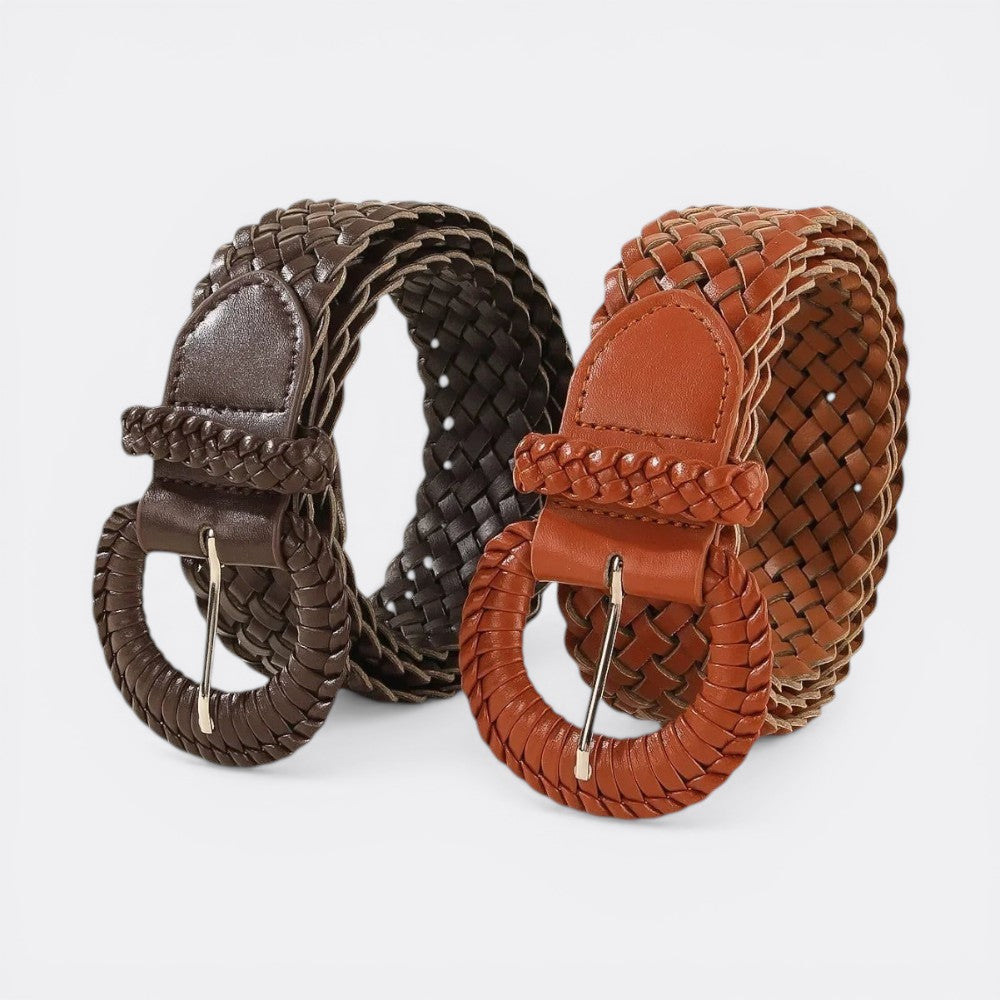 Le monde de la ceinture women's braided leather belts in brown and tan, featuring a circular buckle. Perfect for dresses.