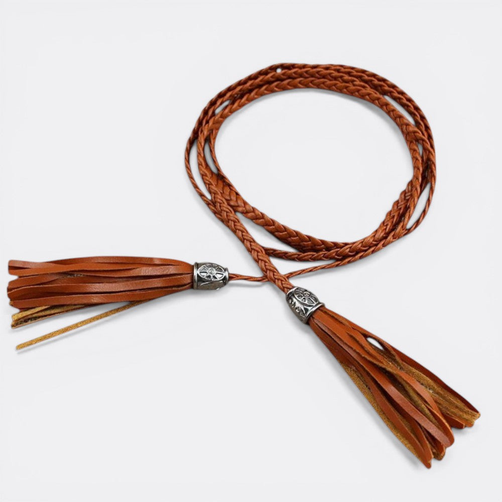 Le monde de la ceinture brown braided leather tassel belt for women