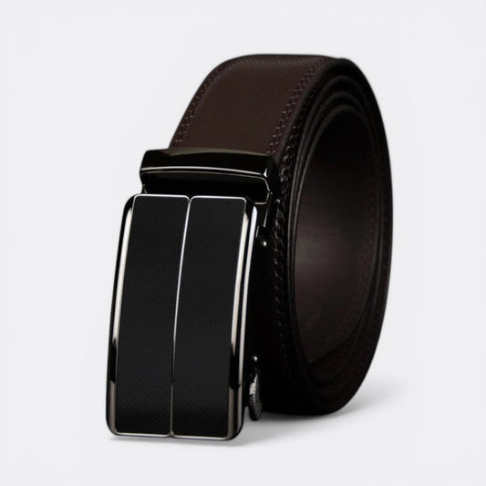 Le monde de la ceinture men's dark brown leather belt with automatic buckle and textured detail.