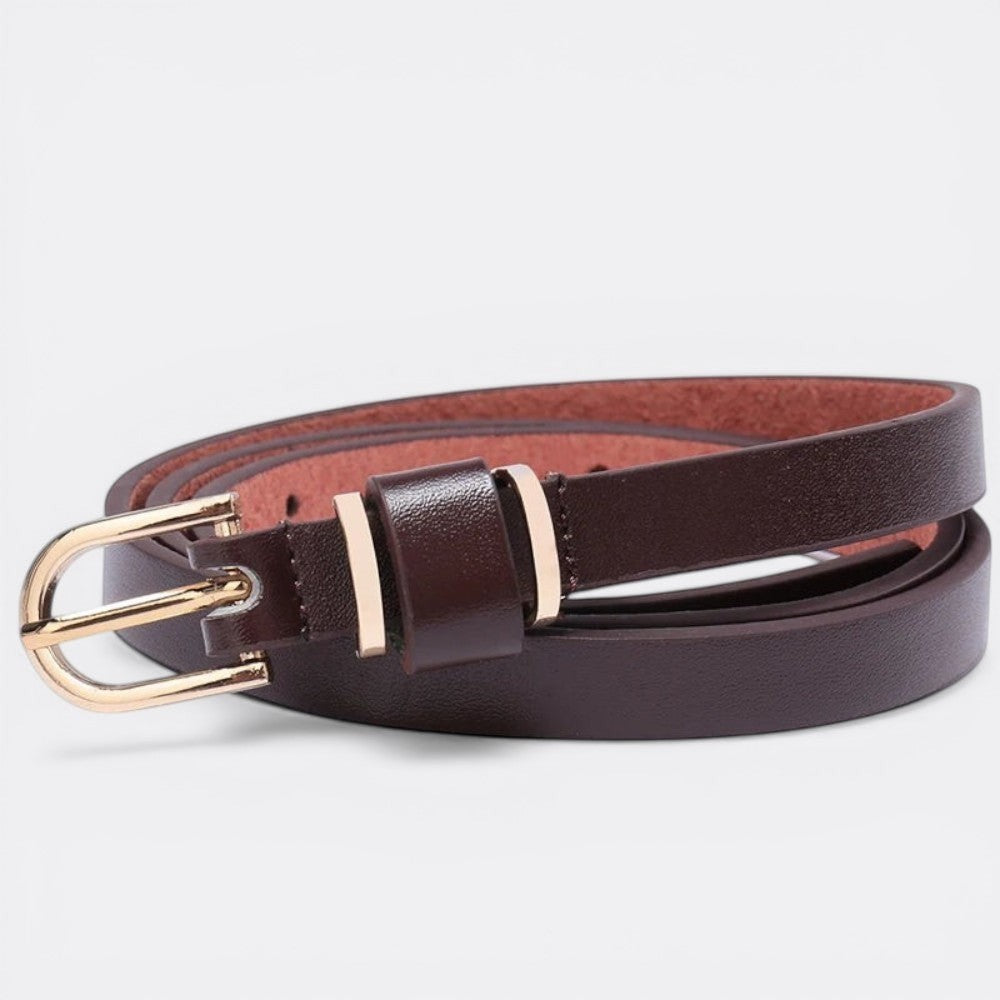 Le monde de la ceinture women's fine dark brown leather belt with gold buckle, perfect for dresses and trousers.