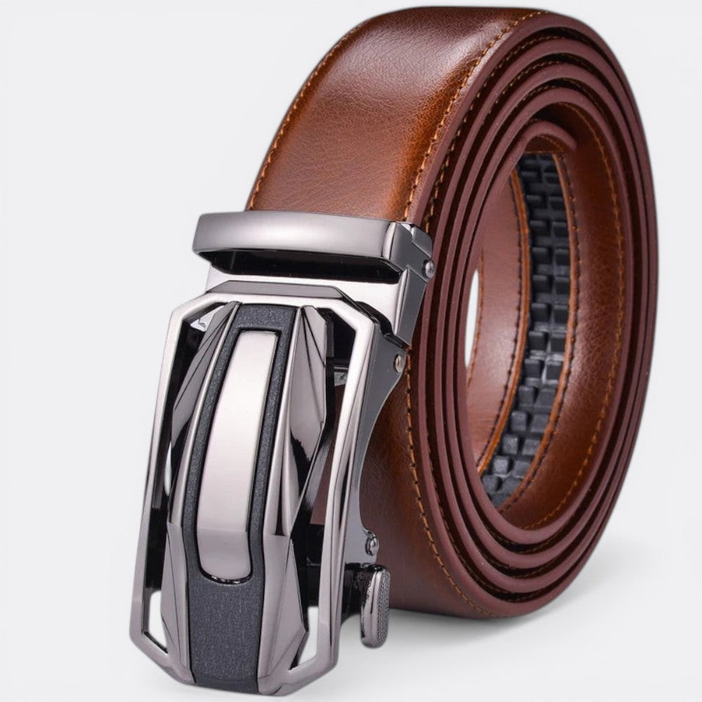 Le monde de la ceinture brown leather tactical automatic belt with gunmetal buckle. Adjustable, durable, and stylish for everyday wear.